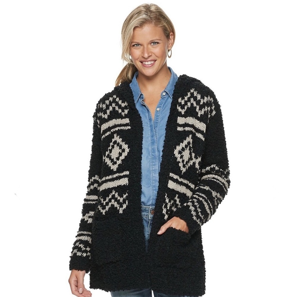 Sonoma Black and White Nordic Hooded Cardigan Sweater